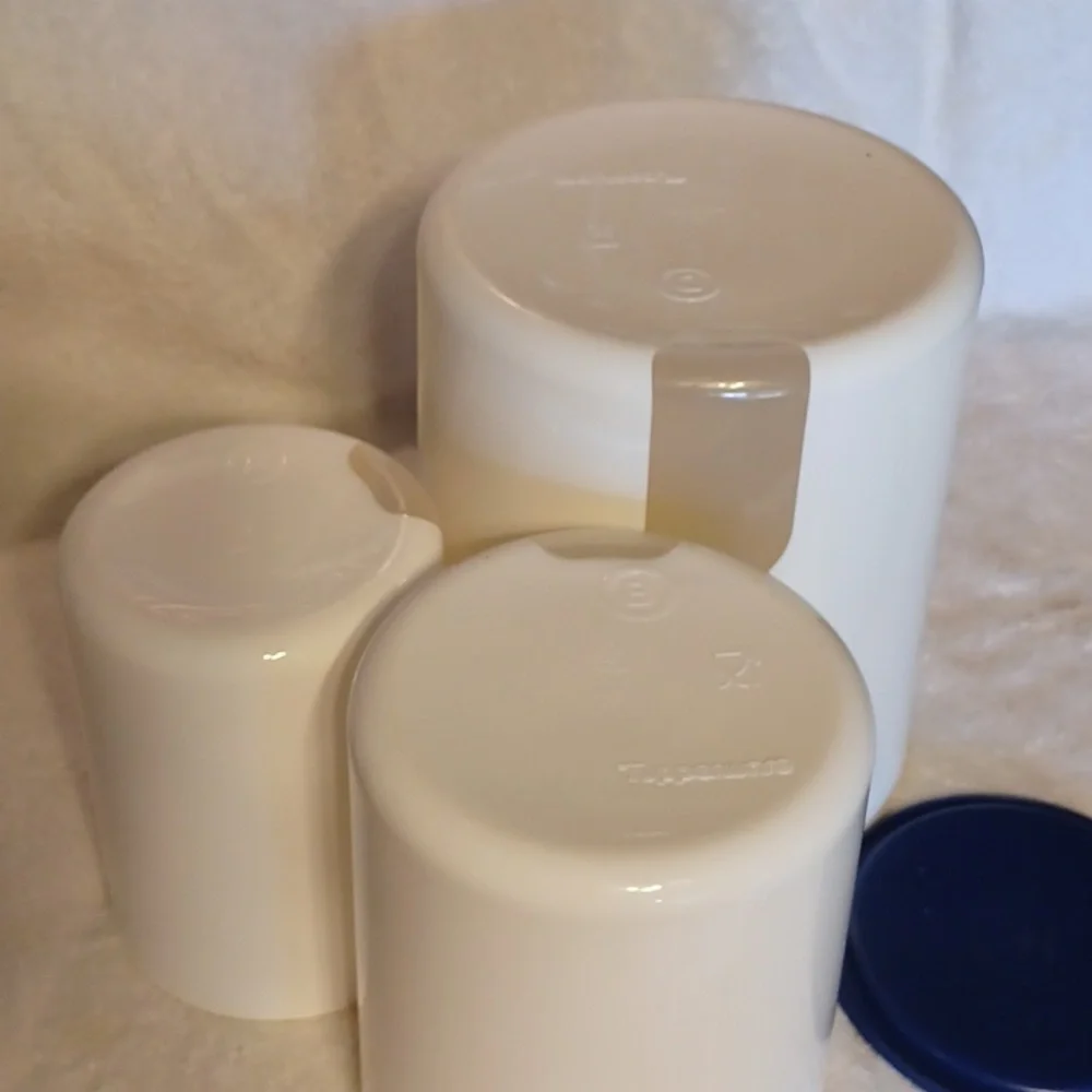 Tupperware canister set white with blue lids made in the USA seal tight